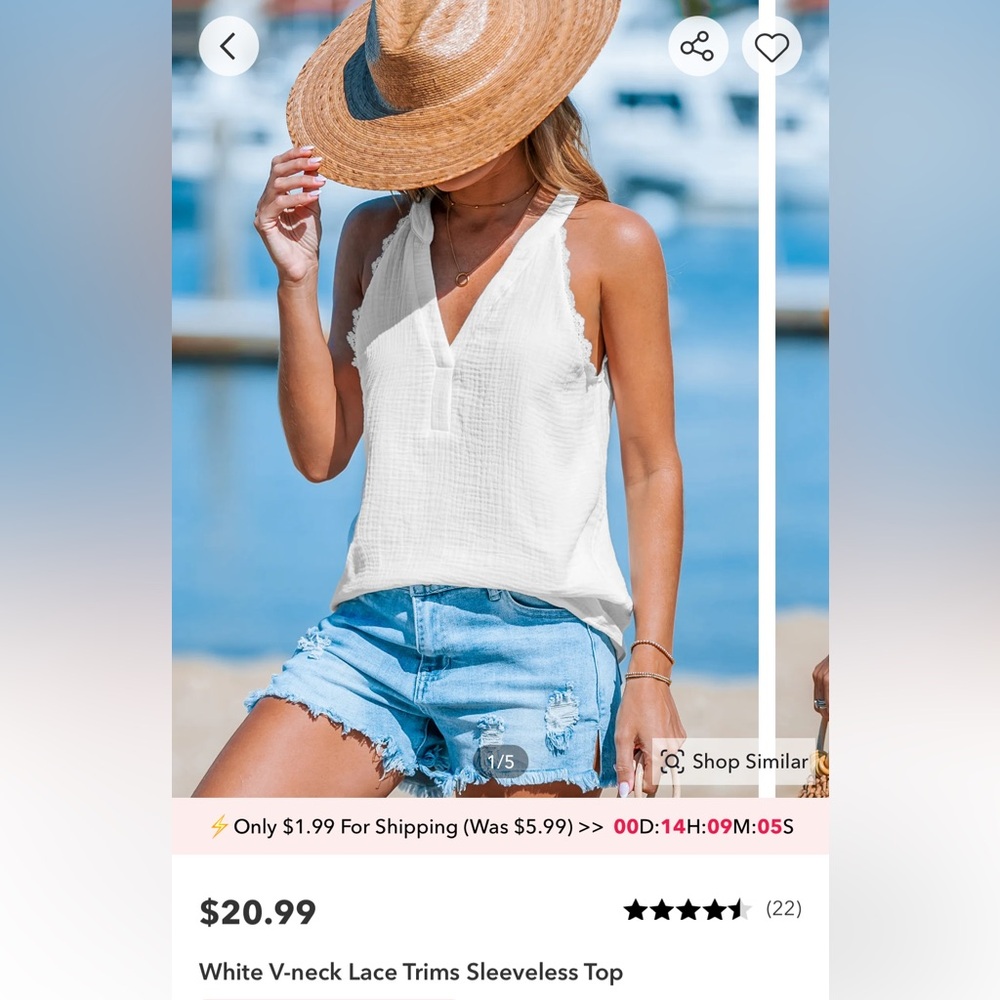 White V-neck tank with lace trim